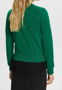 Sudadera verde con dobladillo acanalado, cuello redondo y mangas largas, llevada sobre una camiseta negra. Presenta un tejido texturizado y un ajuste relajado.