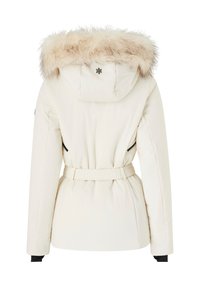 Witte winterjas met een afneembare nepbontkap, een ceintuur in de taille, elastische manchetten en zijzakken met rits. Gladde stof met een glanzende afwerking.