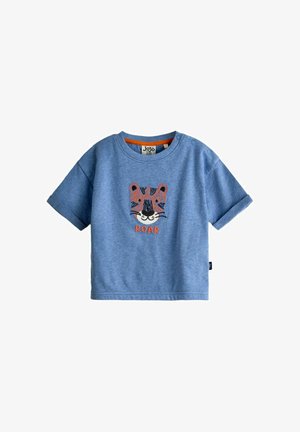 Blaues kurzärmeliges Kleinkindhemd mit Tigerkopf-Stickerei und "ROAR"-Schriftzug, mit Druckknöpfen an Schulter und umgeschlagenen Ärmeln.