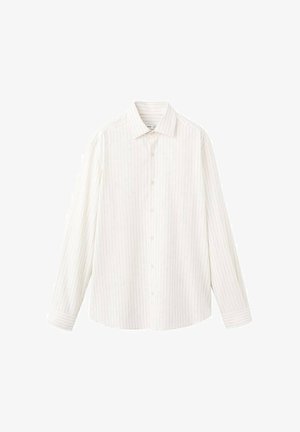 Camicia bianca a maniche lunghe con righe verticali grigio chiaro, colletto con bottoni e vestibilità morbida. Realizzata in tessuto leggero con una texture liscia.