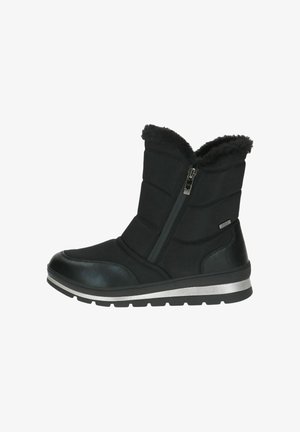 Melnas izolētās ziemas zābaki ar sānu rāvējslēdzēju, kažokādas oderi pie apakšējās daļas, mīkstinātu augšu un biezu gumijas zoli ar sudraba svītru.