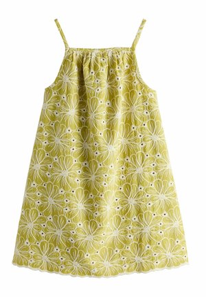 Żółta sukienka bez rękawów z białym haftem w formie kwiatowych ażurowych wzorów i falowanym obszyciem, z cienkimi ramiączkami i marszczonym dekoltem.