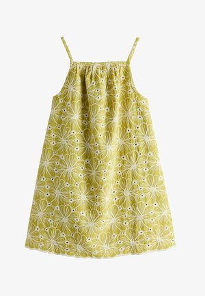 Gelbes ärmelloses Kleid mit weißer floraler Lochstickerei und gewelltem Saum, mit dünnen Schulterriemen und gerafftem Ausschnitt.
