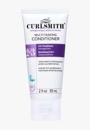 Tube de revitalisant multitâche Curlsmith, 3-en-1 pour cheveux abîmés, avec huile de graine de ricin, protéine de riz hydrolysée, extrait de citrouille, végan, 59 mL.
