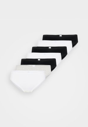 Zestaw sześciu majtek; kolory obejmują czarny, biały i szary. Posiada koronkową lamówkę wzdłuż pasa i bawełnianą tkaninę dla komfortu.