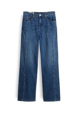 Brede blauwe denim jeans met een klassiek vijf-pocket ontwerp, voorzien van een knoopsluiting en subtiele vervaging op de stof.