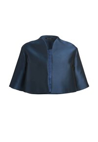 Veste boléro courte en satin bleu marine avec devant ouvert et larges manches trois-quarts, étiquetée "SWING" à l'intérieur du col.