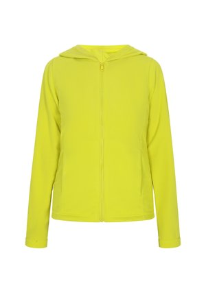 Felpa con zip di un brillante giallo, realizzata in tessuto morbido e liscio. Caratterizzata da maniche lunghe, cappuccio e una vestibilità comoda. Senza motivi o dettagli visibili.