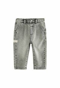 Shorts en denim gris à coupe droite, avec cinq poches, une fermeture à bouton et une petite étiquette de marque sur le côté.