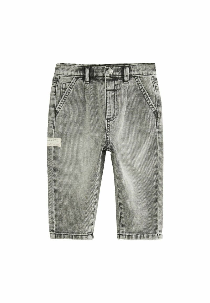 Shorts en denim gris à coupe droite, avec cinq poches, une fermeture à bouton et une petite étiquette de marque sur le côté.