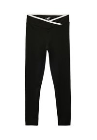 Zwarte leggings met een brede, gekruiste tailleband met een witte accent. Gemaakt van soepel, rekbaar stof. Volledige lengte ontwerp.