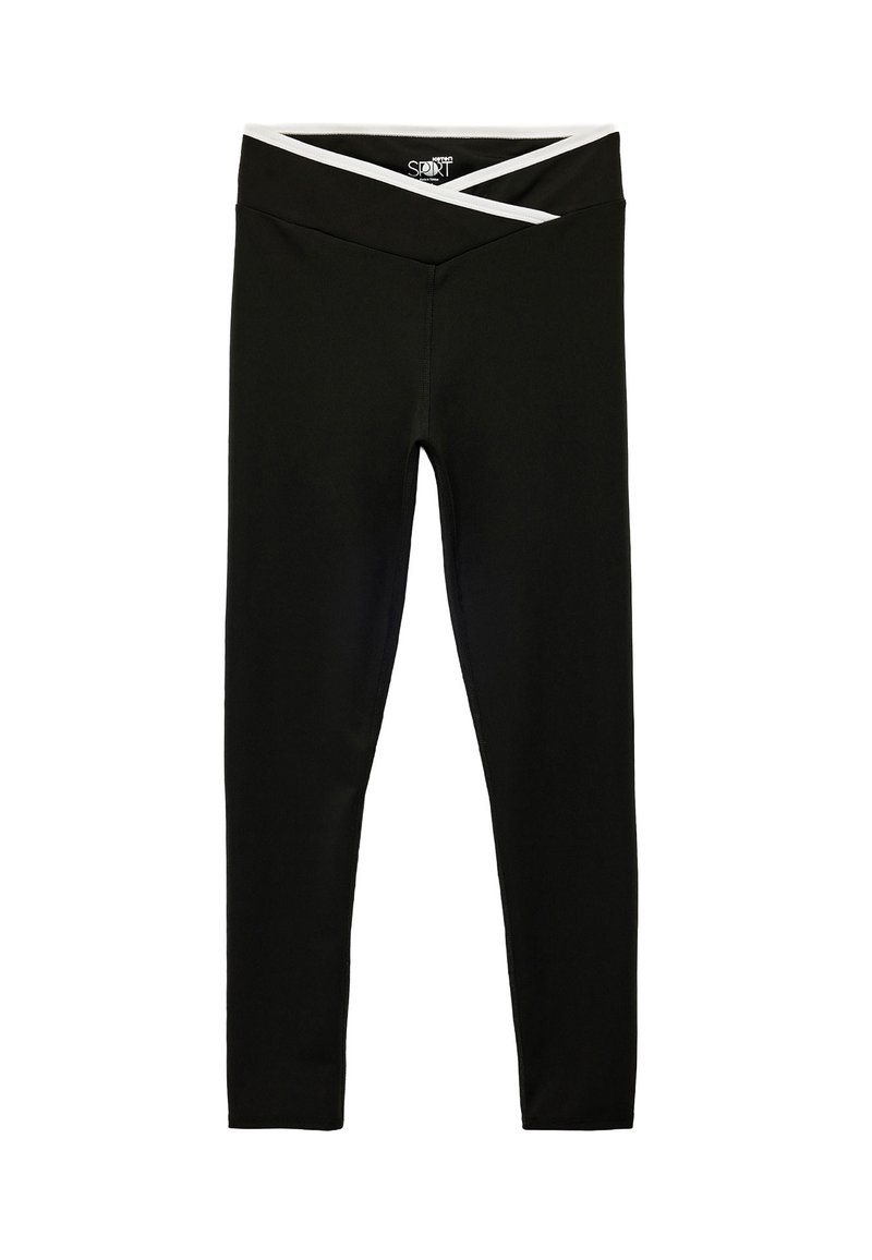 Zwarte leggings met een brede, gekruiste tailleband met een witte accent. Gemaakt van soepel, rekbaar stof. Volledige lengte ontwerp.