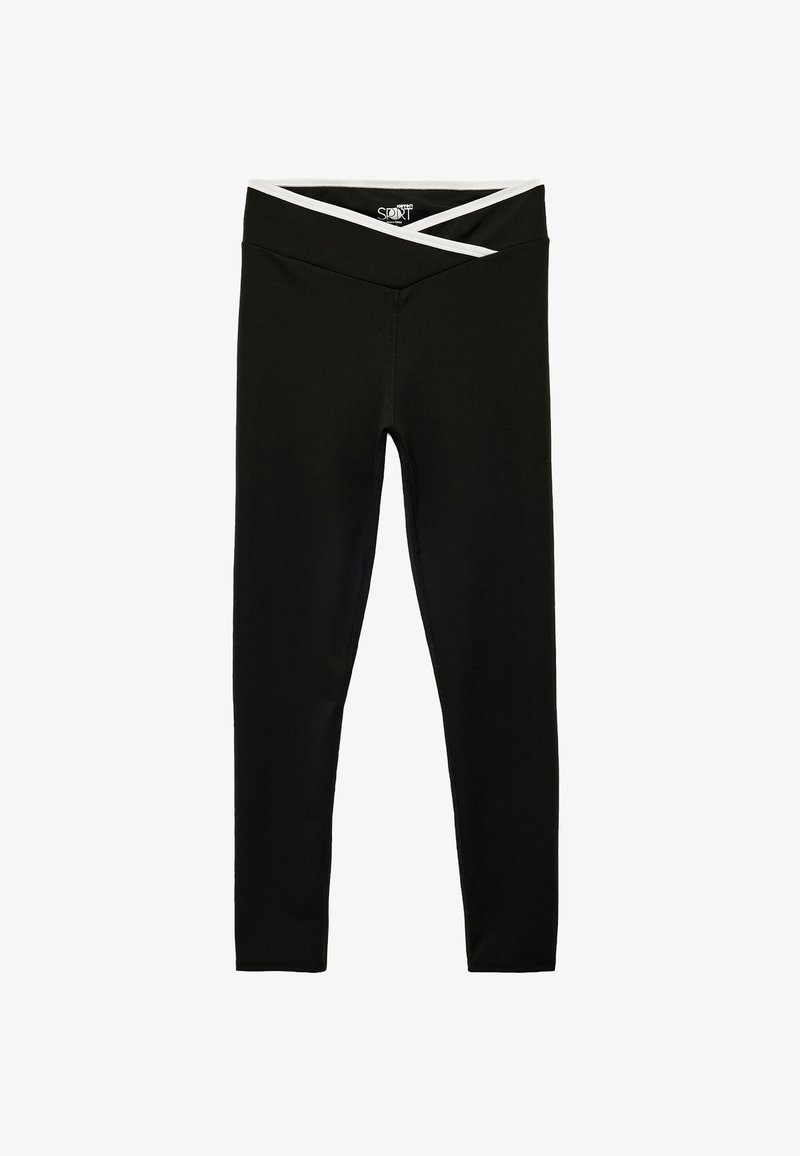 Zwarte leggings met een brede, gekruiste tailleband met een witte accent. Gemaakt van soepel, rekbaar stof. Volledige lengte ontwerp.