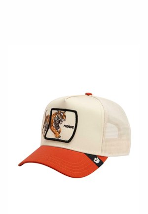 Casquette en maille beige et orange avec un écusson brodé de tigre féroce sur le panneau avant et un détail de logo noir sur la visière orange.