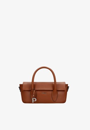 Brown leather handbag with rounded top handles, flap closure, and silver "P" charm on the front.