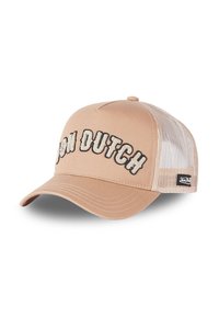Gorra de béisbol marrón con malla en la parte trasera, que presenta texto bordado en negro "Von Dutch". Correa ajustable en la parte trasera. Textura suave en todo el diseño.