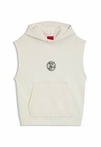 Mouwloze hoodie in off-white katoen met een centraal zwart graphic print. Voorzien van een zak aan de voorkant en een elastische tailleband. Merkenlabel op de capuchon.