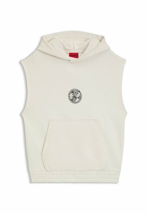 Ärmellose Kapuzenjacke aus elfenbeinfarbener Baumwolle mit einem zentralen schwarzen Grafikdruck. Verfügt über eine vordere Tasche und einen elastischen Bund. Markenlabel an der Kapuze.