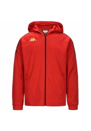 Giacca rossa con cappuccio realizzata in tessuto liscio. Presenta una cerniera a tutta lunghezza, logo Kappa in oro e tasche laterali. Senza motivi prominenti.