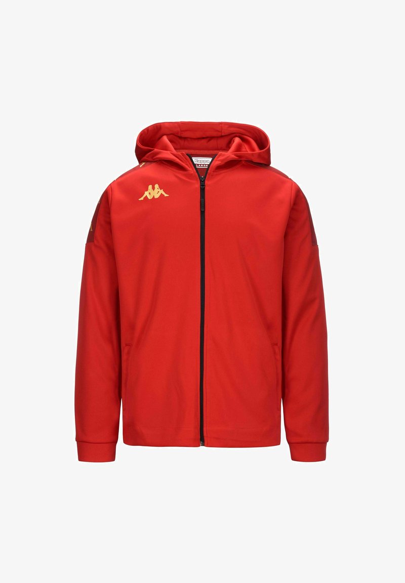 Giacca rossa con cappuccio realizzata in tessuto liscio. Presenta una cerniera a tutta lunghezza, logo Kappa in oro e tasche laterali. Senza motivi prominenti.