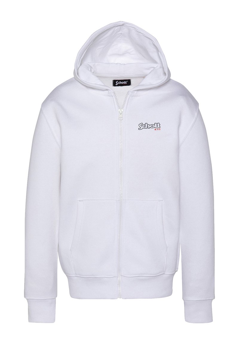 Sudadera blanca con cremallera fabricada en algodón, con capucha ajustable, bolsillos frontales y un pequeño logo en la parte izquierda del pecho.