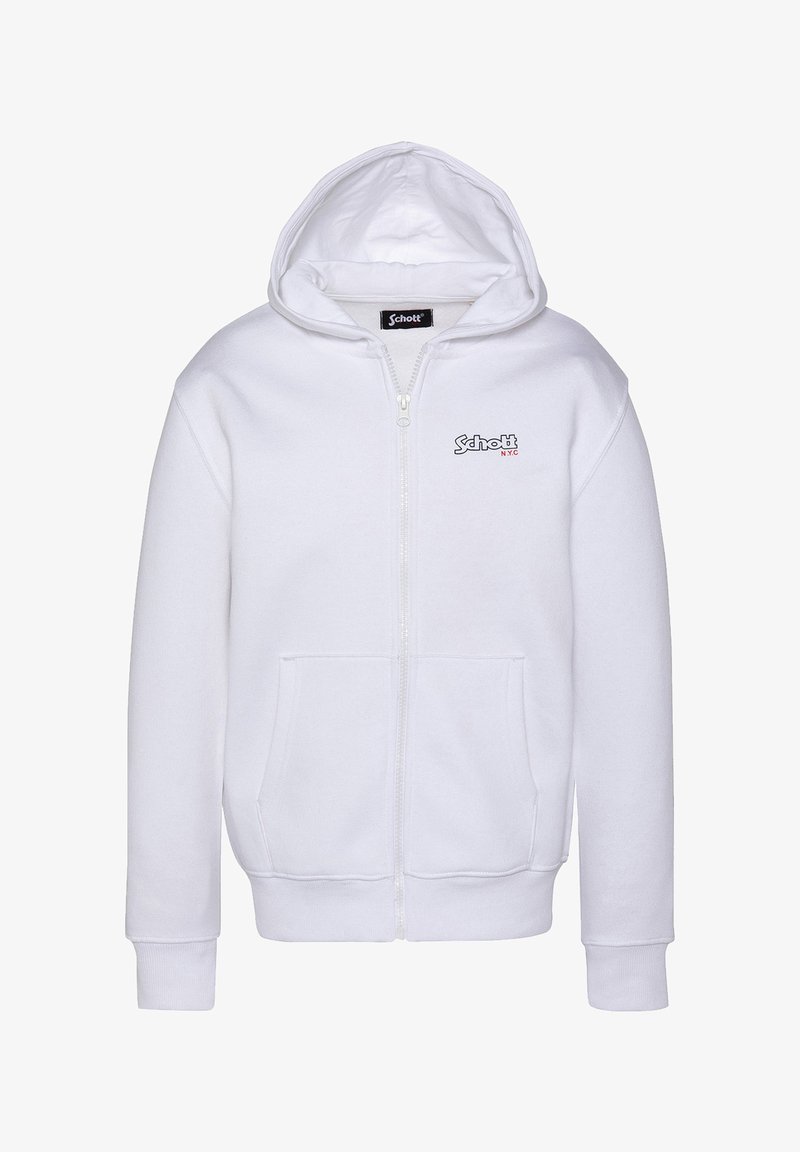 Felpa bianca con zip realizzata in cotone, presenta un cappuccio regolabile con lacci, tasche frontali e un piccolo logo sulla parte sinistra del petto.