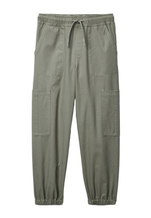 Pantalon cargo vert olive avec taille et poignets élastiqués, cordon à l'avant, deux poches latérales et deux grandes poches plaquées sur les jambes.