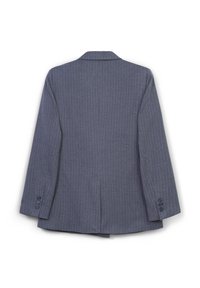 Blazer a righe blu navy con maniche lunghe, tre bottoni su ciascun polsino e una fessura centrale sul retro, mostrato dal retro su uno sfondo bianco.