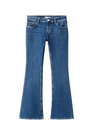 Blue denim jeans with a high waist and flared legs, featuring front and back pockets and a button closure.