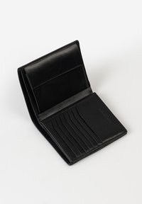 Black leather wallet with multiple card slots, smooth texture, and a bi-fold design. Features subtle branding on one side.