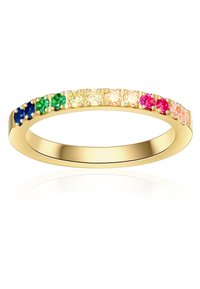 Guldbåndring med en række runde, flerfarvede ædelsten: blå, grøn, gul, ferskenfarvet og pink, sat i en glat, poleret finish.