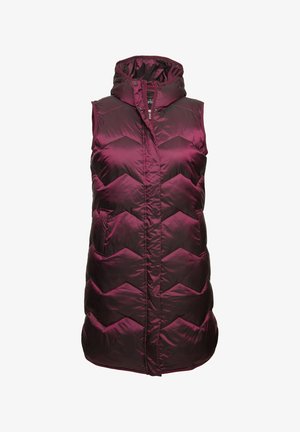 Bordeaux zonder mouwen puffer vest met capuchon, met een geborduurd chevrondesign en een rits aan de voorkant. Soepele, glanzende stof met een zachte textuur.