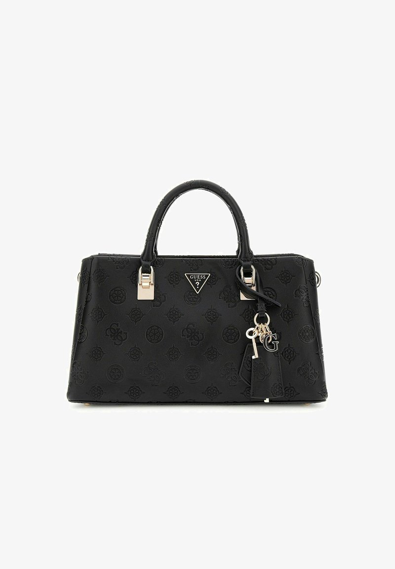 Borsa strutturata nera con motivo a logo in rilievo, doppi manici superiori, dettagli in metallo argentato e un charm. Superficie texturizzata.