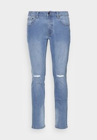 Ljusblå denimjeans med slim fit, med slitna knädetaljer och en klassisk femficksdesign. Standard knappstängning.
