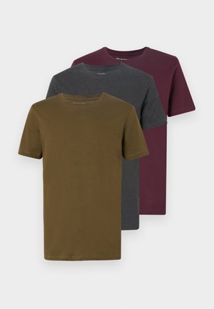 Three short-sleeve T-shirts: olive green, charcoal gray, and burgundy. Each has a round neckline and a smooth, solid texture.
