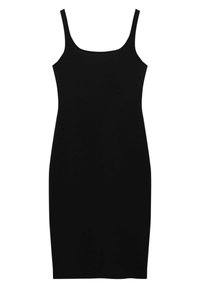 Svart, ärmlös klänning med rundad halsringning, figurnära design och knälång längd. Tillverkad av slätt, stretchigt tyg. Ingen mönster eller accenter.
