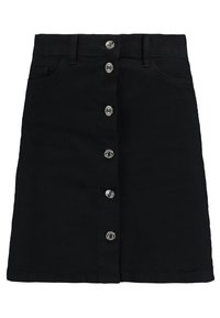 Černá denimová sukně s přiléhavým střihem, opatřená předním zapínáním na knoflíky, pěti kapsami a hladkou texturou.
