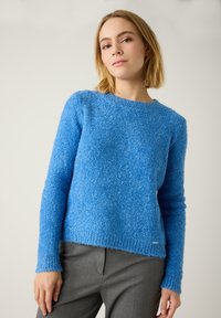 Blauer flauschiger Pullover mit langen Ärmeln, Rundhalsausschnitt und gerippten Bündchen. Weiche Textur und lockere Passform, kombiniert mit grauen Hosen.