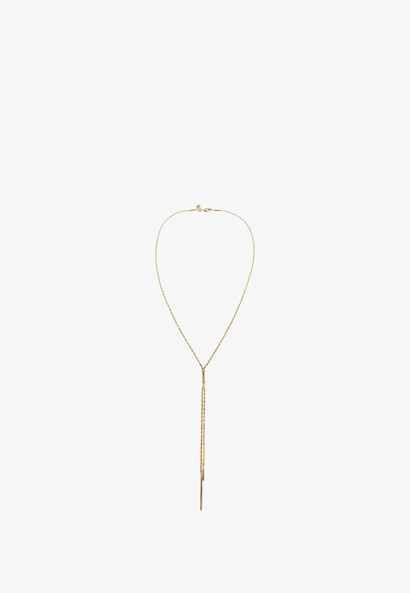 Gouden halsketting met een dunne, gedraaide ketting en een Y-vormige hanger met twee hangende strengen, die een gladde metalen afwerking vertoont.