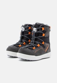 Black suede and mesh ankle boots with orange accents, gray laces, and a textured white sole. Features a rounded toe and grippy tread.