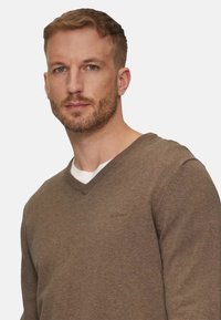 Brown knit sweater with a v-neckline, featuring a textured finish and a small logo on the chest. Worn over a white shirt.