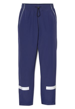 Marineblaue Sporthose mit elastischem Bund und Kordelzug, Reißverschlusstaschen und weißen reflektierenden Streifen nahe den Knöcheln.