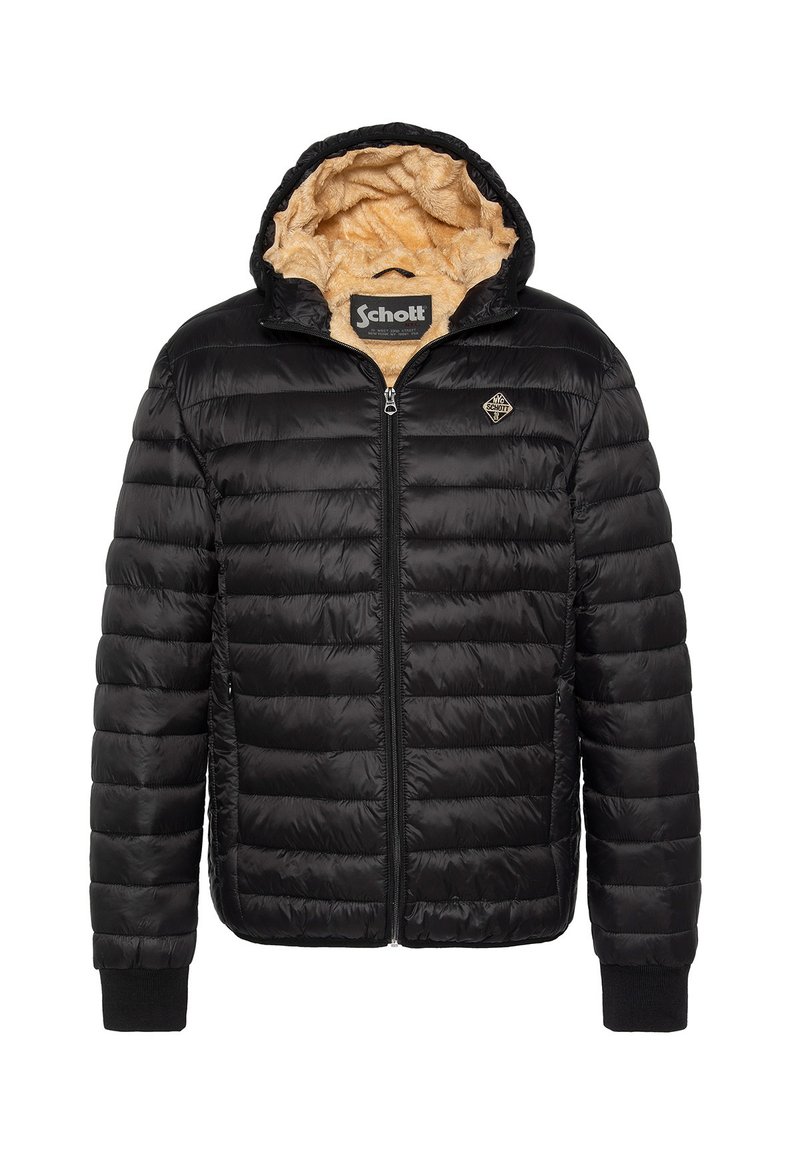 Sort pufferjakke med lynlås foran, quiltet design og blødt, tan fleece foer. Har hætte og ribbede manchetter. Logo vist på brystet.