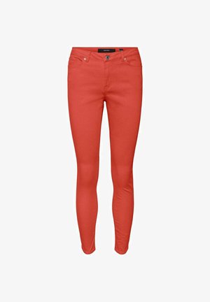 Jean rouge slim en coton mélangé stretch. Doté de cinq poches, d'une fermeture à bouton sur le devant et d'une texture lisse.