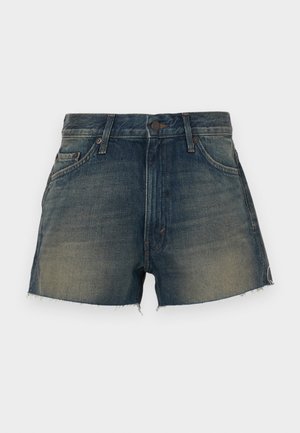 Denim shorts in dark blue with a faded wash. Features a button closure, five pockets, and frayed hem. Raw edges add texture.