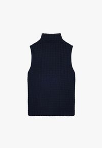 Top sin mangas de color navy con cuello alto, confeccionado en tejido de punto texturizado, con un diseño ajustado y un patrón de canalé.