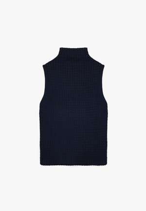 Marine mouwloze coltop gemaakt van een gestructureerde breistof, met een hoge hals en een aansluitend ontwerp met een ribbelpatroon.