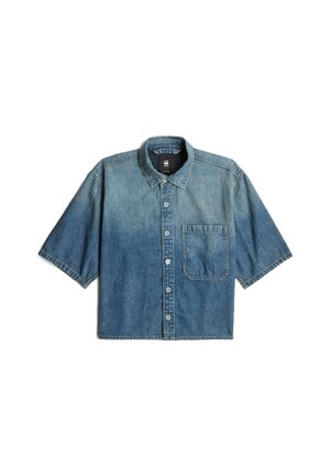 Lyhythempärinen denim-paitapusero, jossa on kärjellinen kaulus ja etupuolen rintatasku, jossa on haalistunut liukuväriefekti.