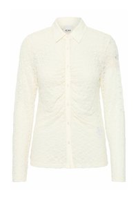 Langärmlige Bluse in creme mit einem strukturierten Spitzenmuster, mit einer durchgehenden Knopfleiste und einem klassischen Kragen. Weicher, transparenter Stoff.