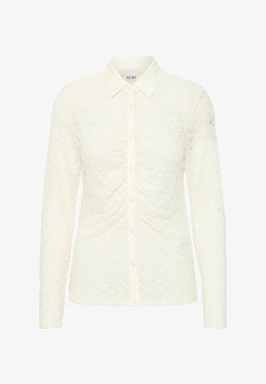 Langsleeve, crèmewitte blouse met een textuur van kant, voorzien van een knoopsluiting aan de voorkant en een klassieke kraag. Zachte, doorschijnende stof.